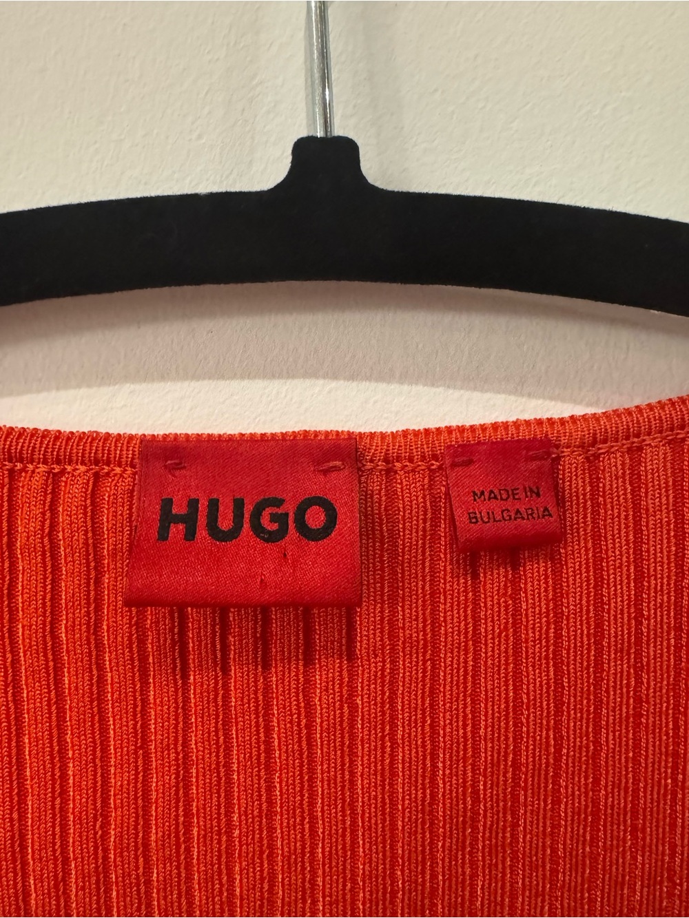 HUGO Ribbed V-Neck Drawstring Crop Top in Orange-Red - Picture 2 of 4
